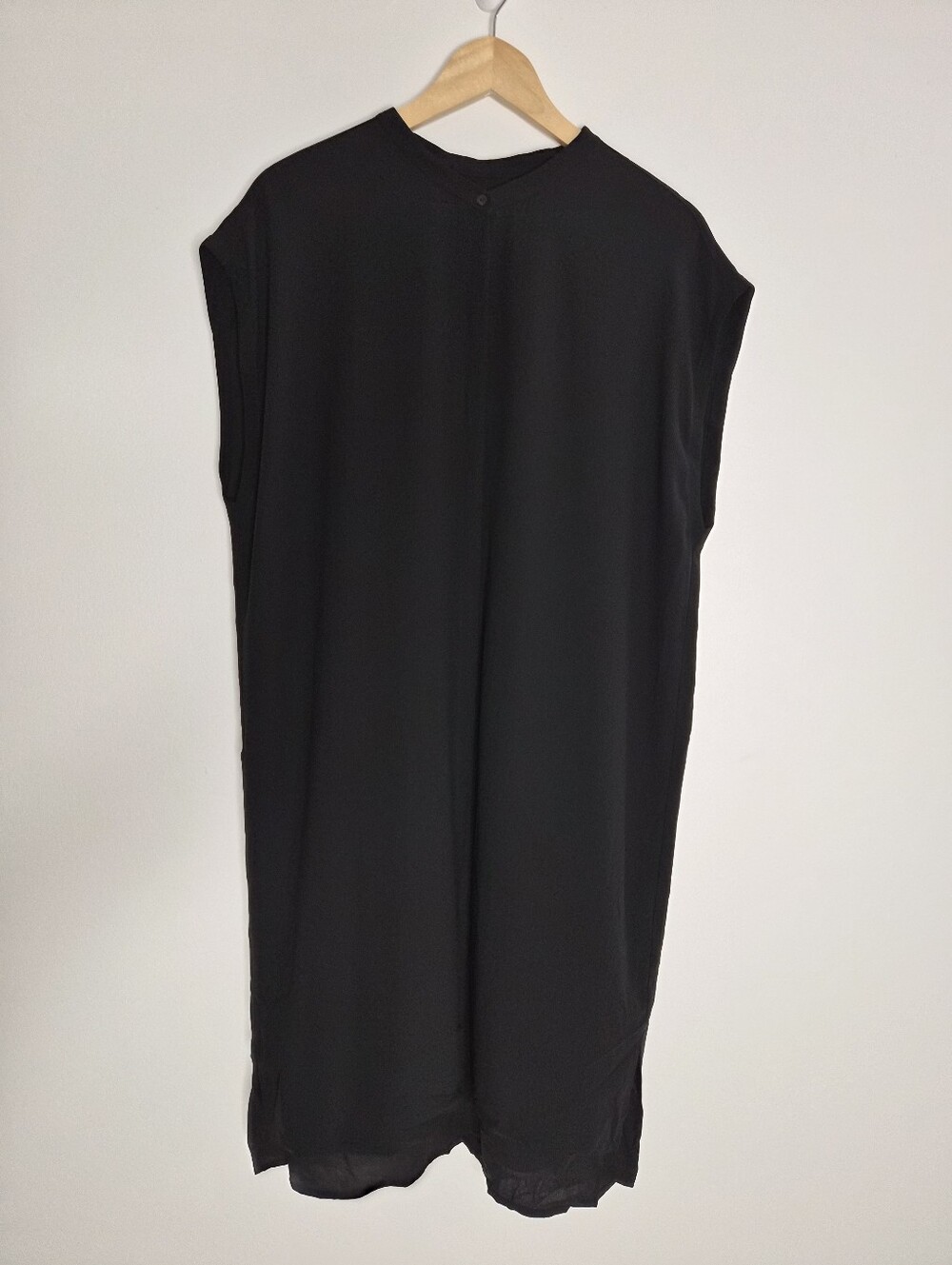 Eileen Fisher NWT Silk Georgette Crepe Shift Dress Black Size L Cap Sleeve